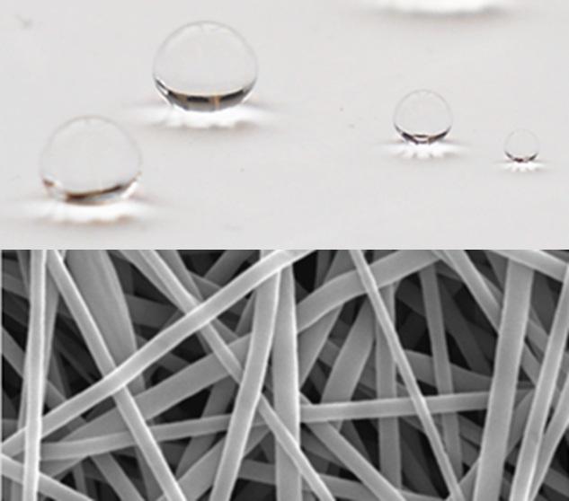 Figure: Water droplets on the iCVD treated Nylon fiber mat